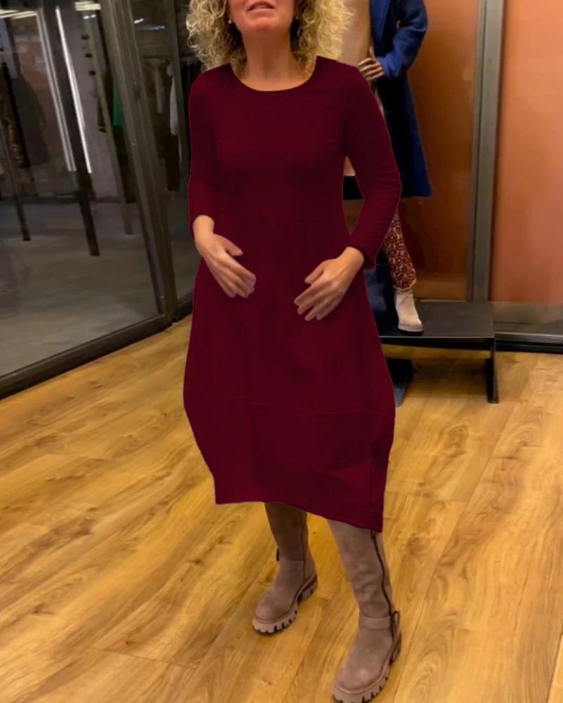 2024 Осень/Зима Европейская и Американская Мода Однотонное Платье с Длинным Рукавом и Круглым Вырезом для Женщин