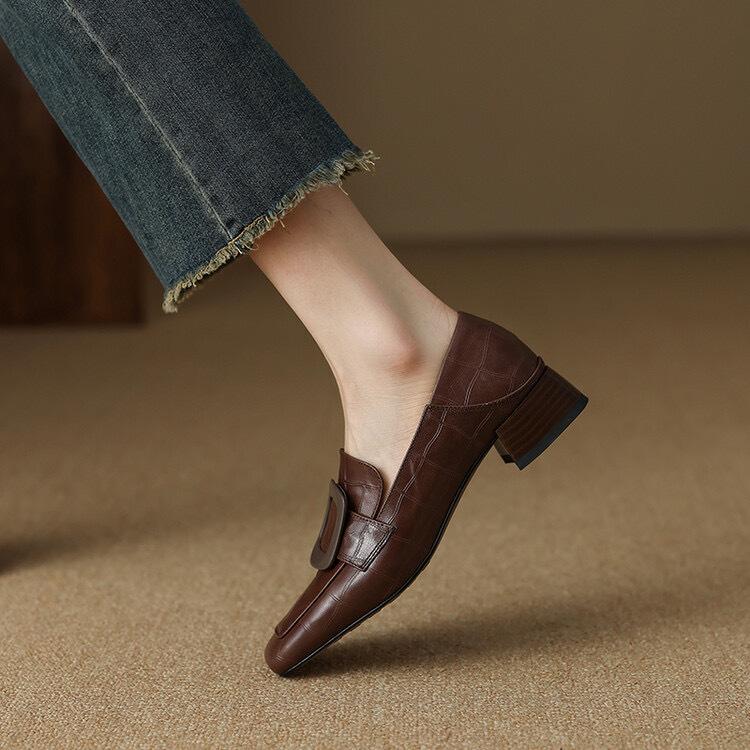 French Temperament Retro Loafer Small Leather Shoes British Style Thick Heel Low Heel One Pedal Comfortable Deep Mouth Square Buckle Single Shoes Wome