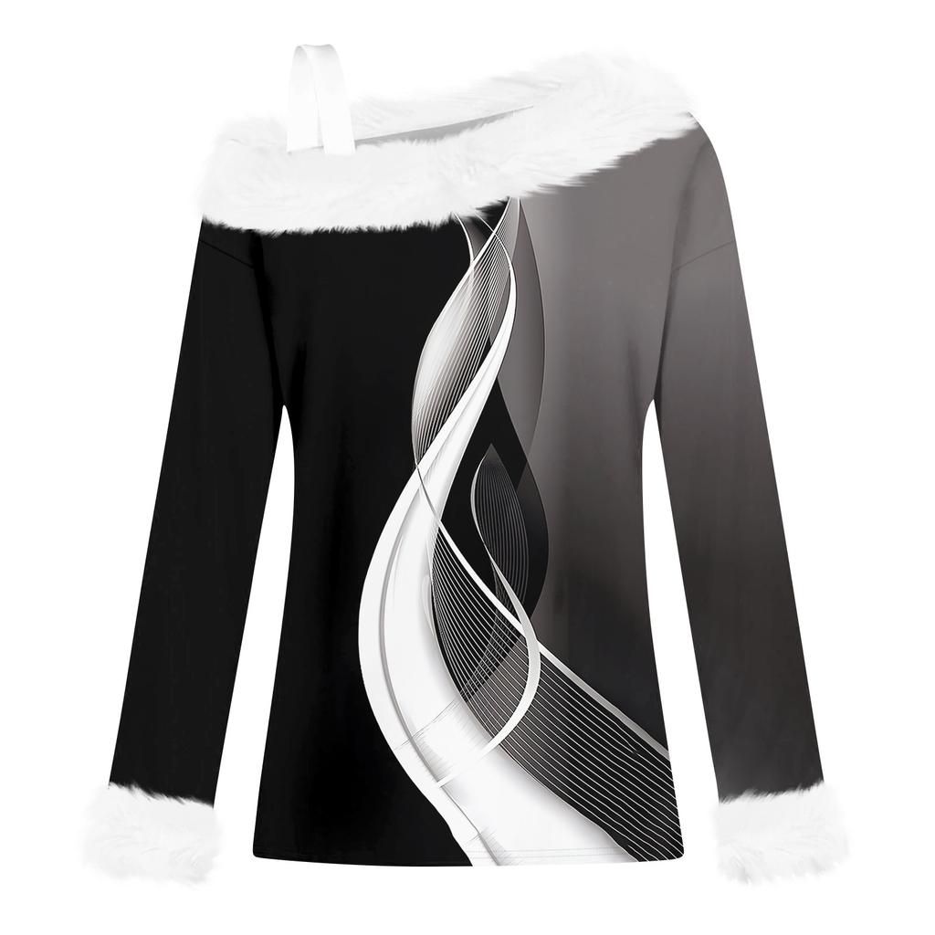 Women's Off-the-shoulder Plush Neck Printed Long-sleeved Pullover T-shirt Top