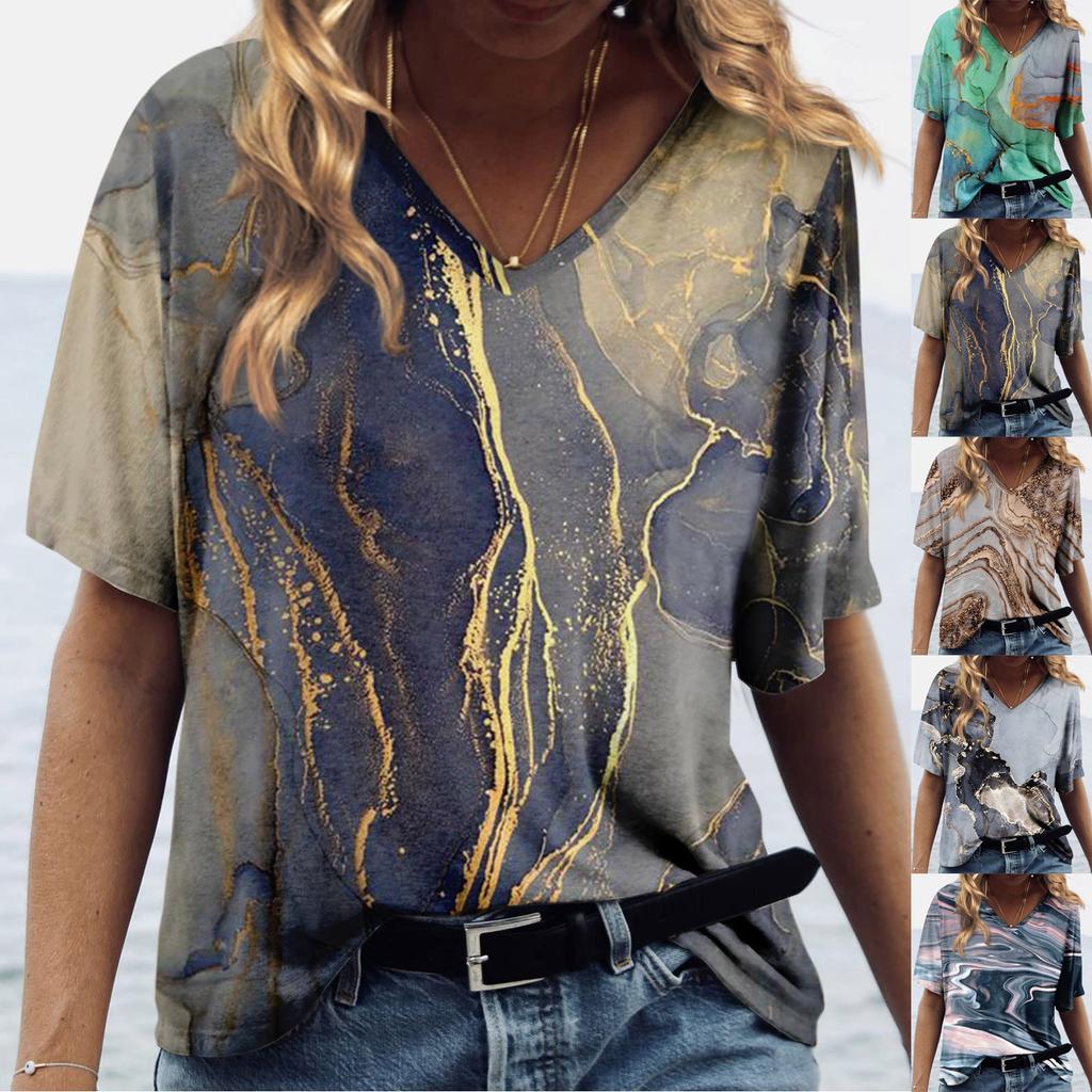 Women's Fashion Casual Printed V-Neck Short Sleeve Top Blouse