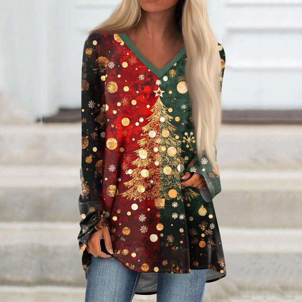 Женская модная повседневная футболка с принтом, длинный рукав, V-образный вырез, топ средней длины