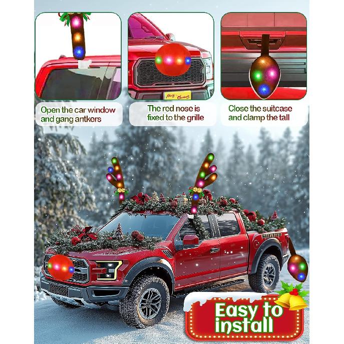 Christmas Reindeer Antlers Car Decoration Kit, LED Lights Nose Vehicle With Jingle Bells Rudolph, Auto Holiday Accessories For SUV Van Truck Decor