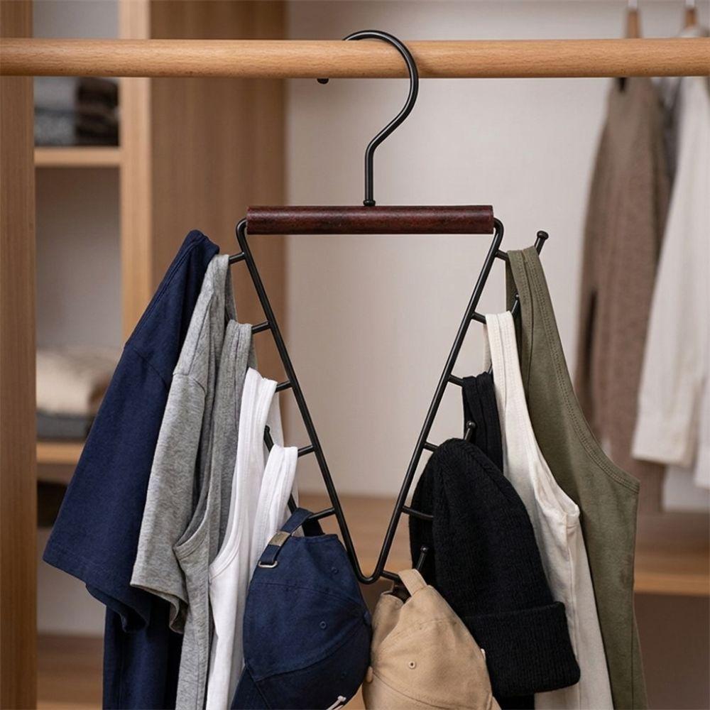 360° Rotating Metal V-Shape Hook Wood Handle Laundry Hanger Hat Tie Scarf Rack Accessory Storage