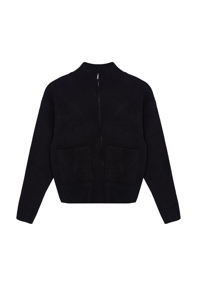 Women's Elegance Style Cardigan Black Soft Textured Zipper Knitwear Cardigan