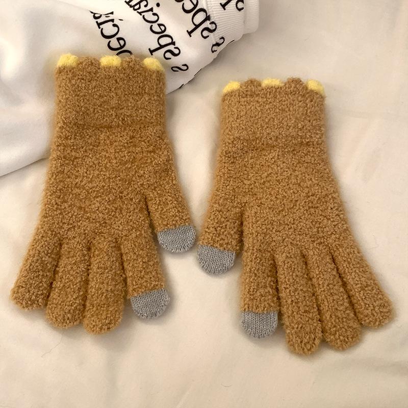 Теплые перчатки для женщин, конфетного цвета, маленькие, «сахарная фасоль», из кораллового бархата, вязаные, милые, шерстяные, холодостойкие и толстые, с сенсорным экраном, для осени и зимы