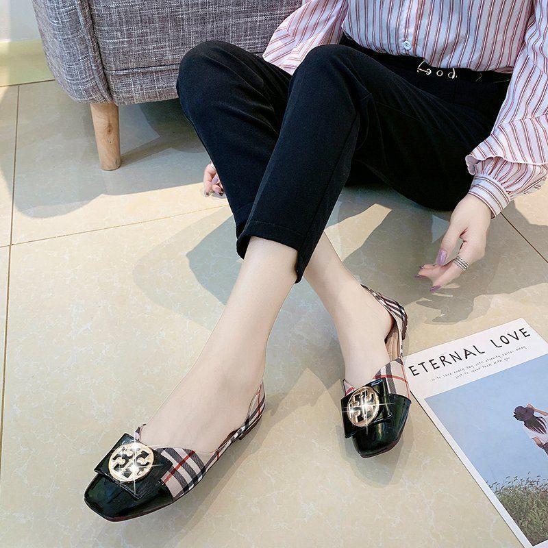 Spring and Summer Square Head Flat Plaid Cloth Low Heel Retro Hong Kong Style Grandma Shoes Metal Buckle Single Shoes Women's Flat Shoes