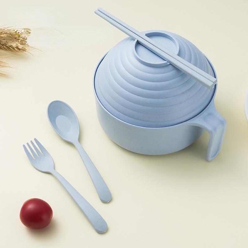 Wheat Straw Multifunctional with Lid Bowl Spoon Fork Chopsticks Eating Dinnerware Set Anti-hot Bowl Microwavable Bowl