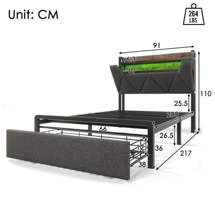 Lit simple - MUVOE - 90 x 200 cm - Tête de lit avec USB - Éclairage LED - Tiroirs de rangement