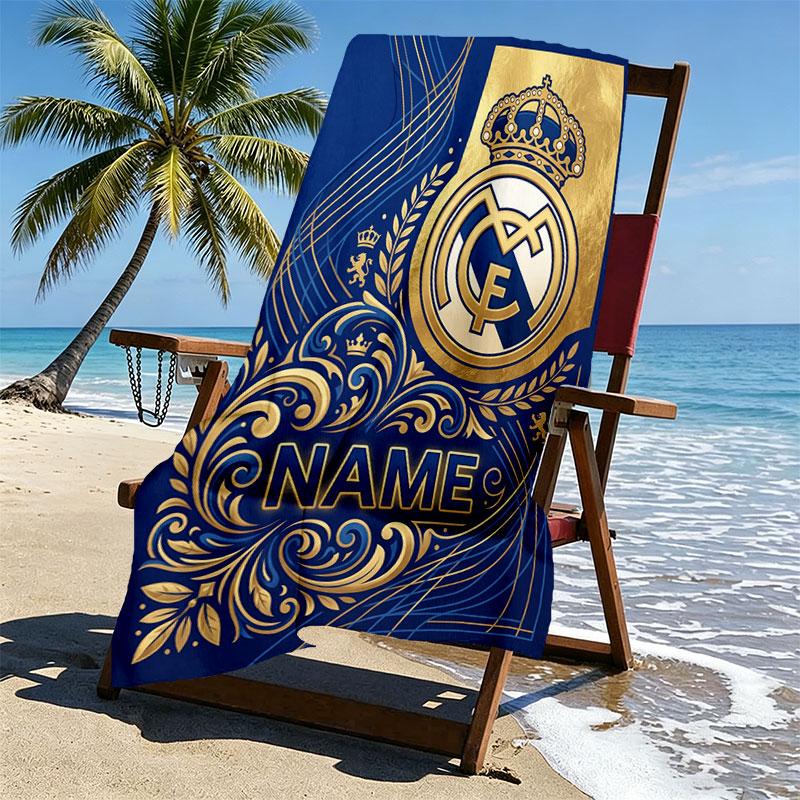 Custom Name Personalized Real Madrid CF Print Beach Towel, for Trip Camping Beach Party Home Decor, Birthday Gift for Family & Friends