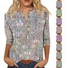 Женская мода с блестками и принтом с семью точками, рукавами и круглым вырезом, на пуговицах, топ
