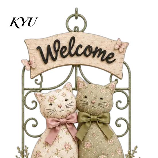 Modern Home Wall Art Floral Cat Couple Welcome Sign, Wooden Hanging Ornament, Pastoral Decorative Ornament for Plaque Living Room Bedroom & Farmhouse