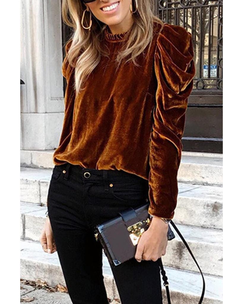 Azura Exchange Puff Sleeve Velvet Top with Frilled Collar