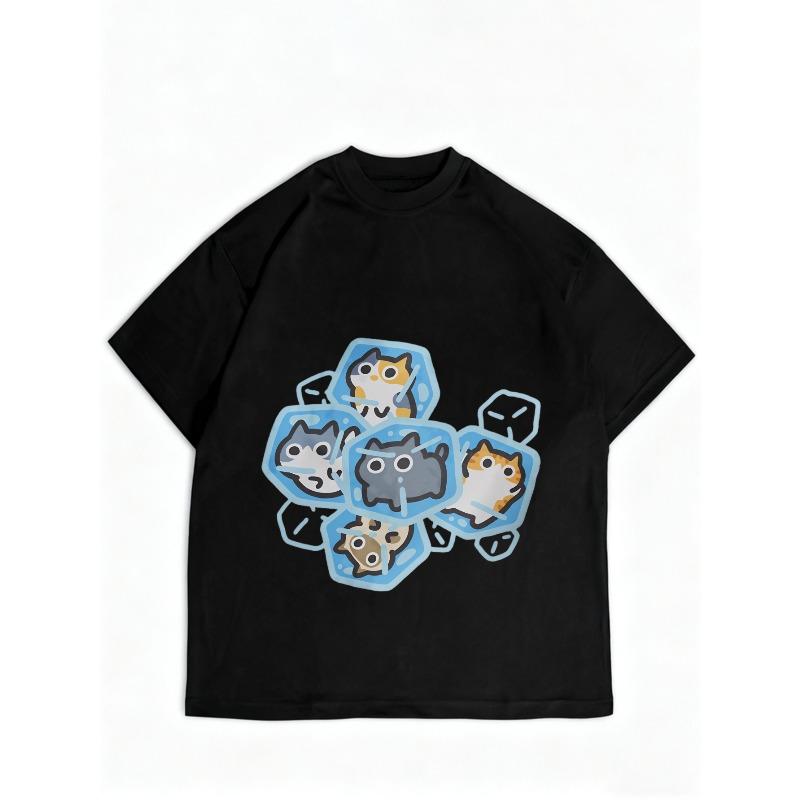 Милая футболка с принтом кошек, черная, с мультяшным дизайном кошек, повседневная одежда для женщин, наряды на каждый день, летний модный топ, удобный стиль свободного кроя