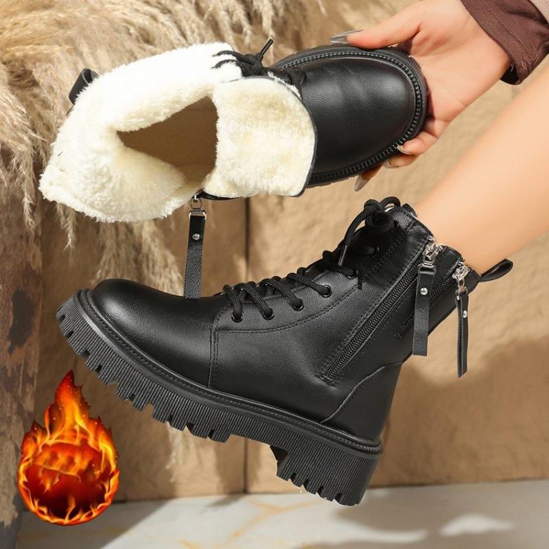 Модные женские ботинки Толстые теплые длинные плюшевые ботильоны Женские зимние ботинки на шнуровке Кожаные мотоциклетные ботинки Большого размера Удобная обувь Женская
