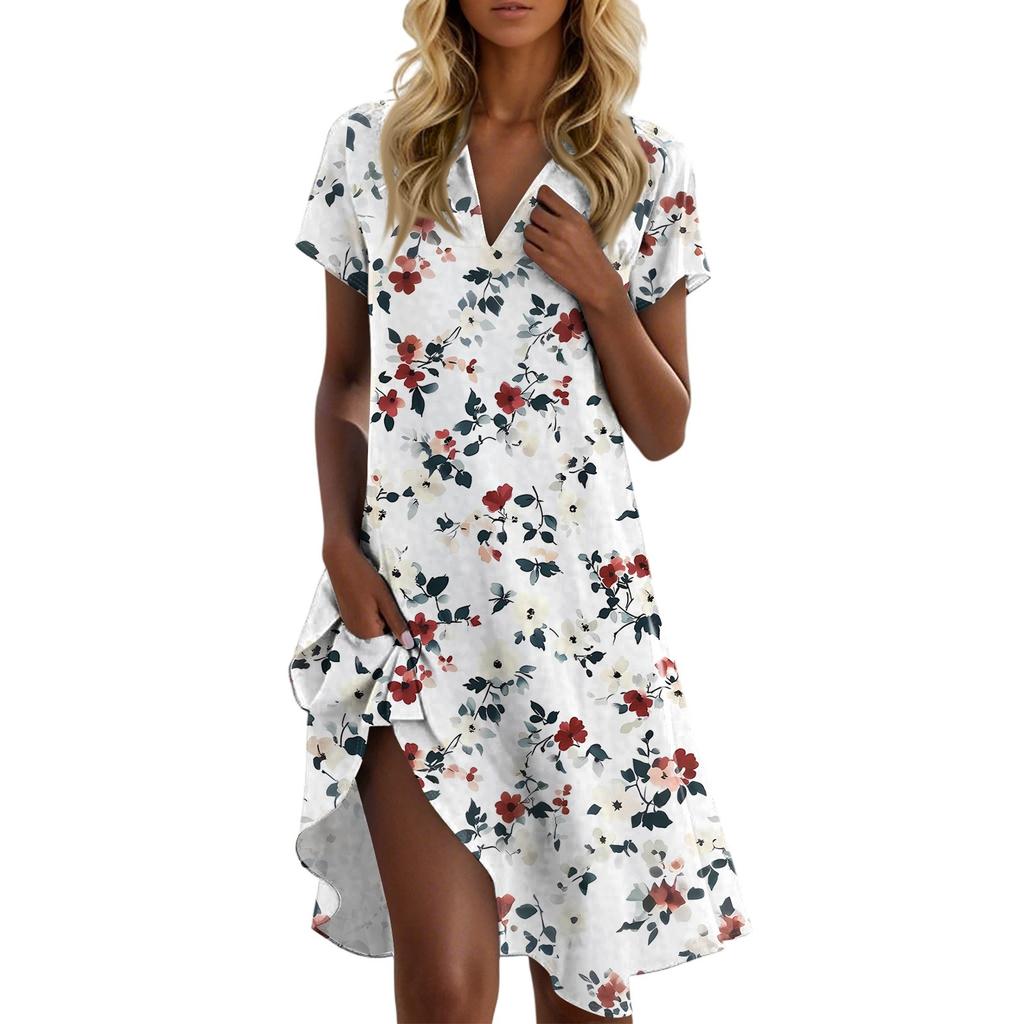 Женское повседневное модное платье с цветочным принтом и лацканами, короткий рукав, V-образный вырез, короткая юбка