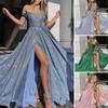 Women Evening Dress Low-cut Off Shoulder Shiny Sequin Tight High Waist Split Hem A-line Big Swing Floor Length Satin Prom Wedding Party