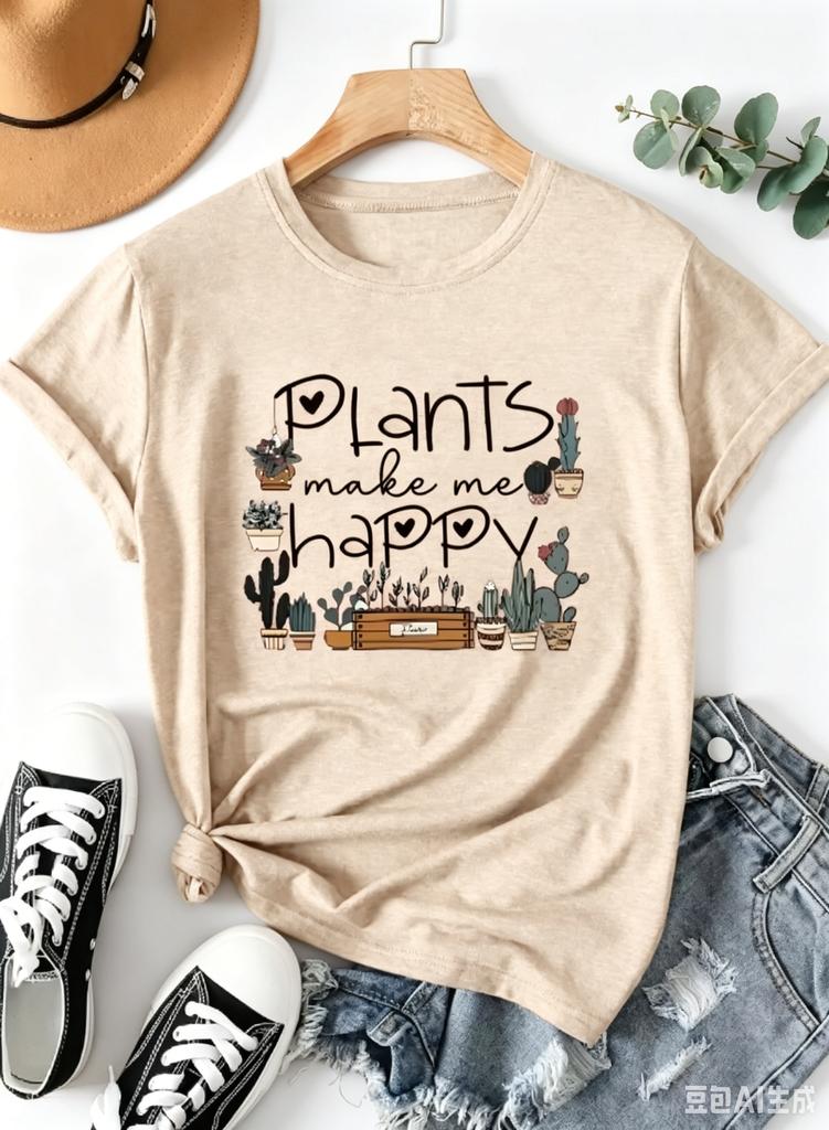 Plants Make Me Happy Unisexs Tee Cute Plant Lover Graphic Casual Green Top