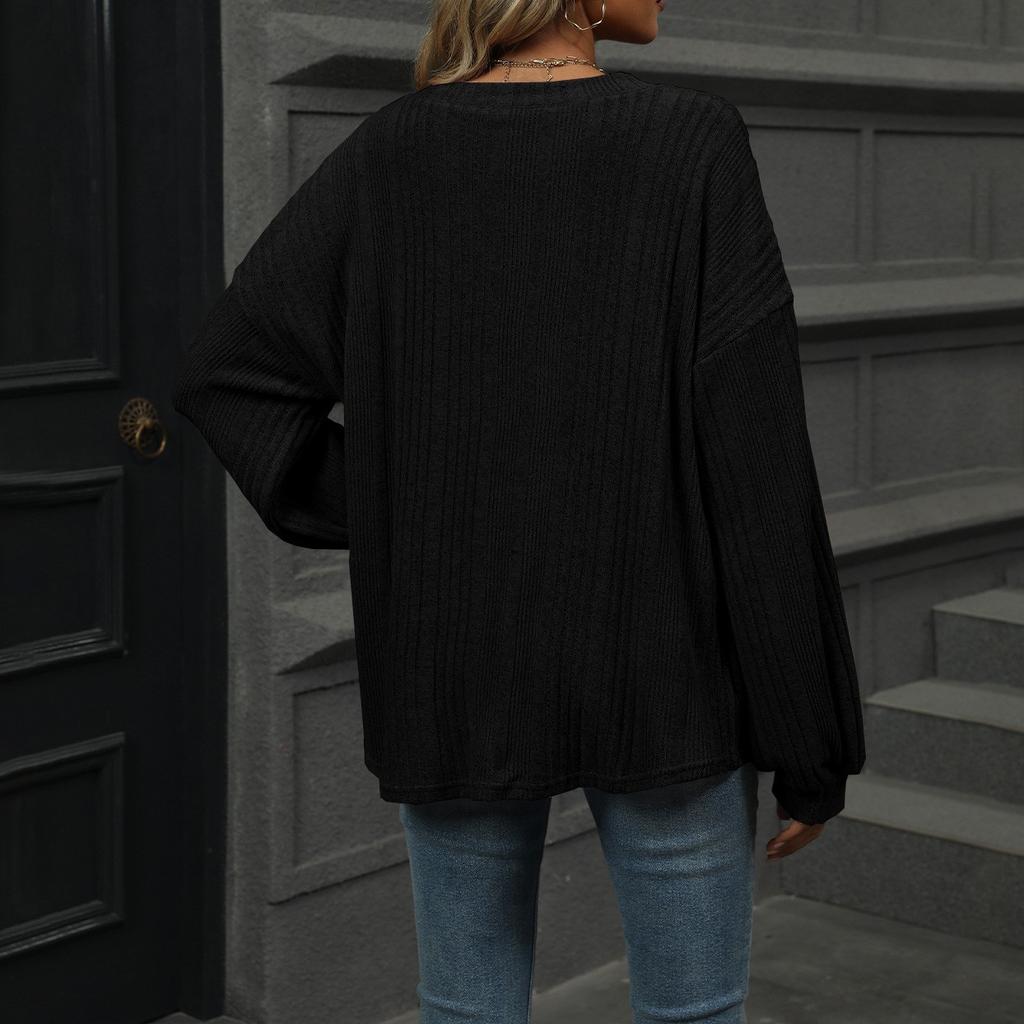 Женская модная свободная однотонная повседневная футболка с длинным рукавом и V-образным вырезом