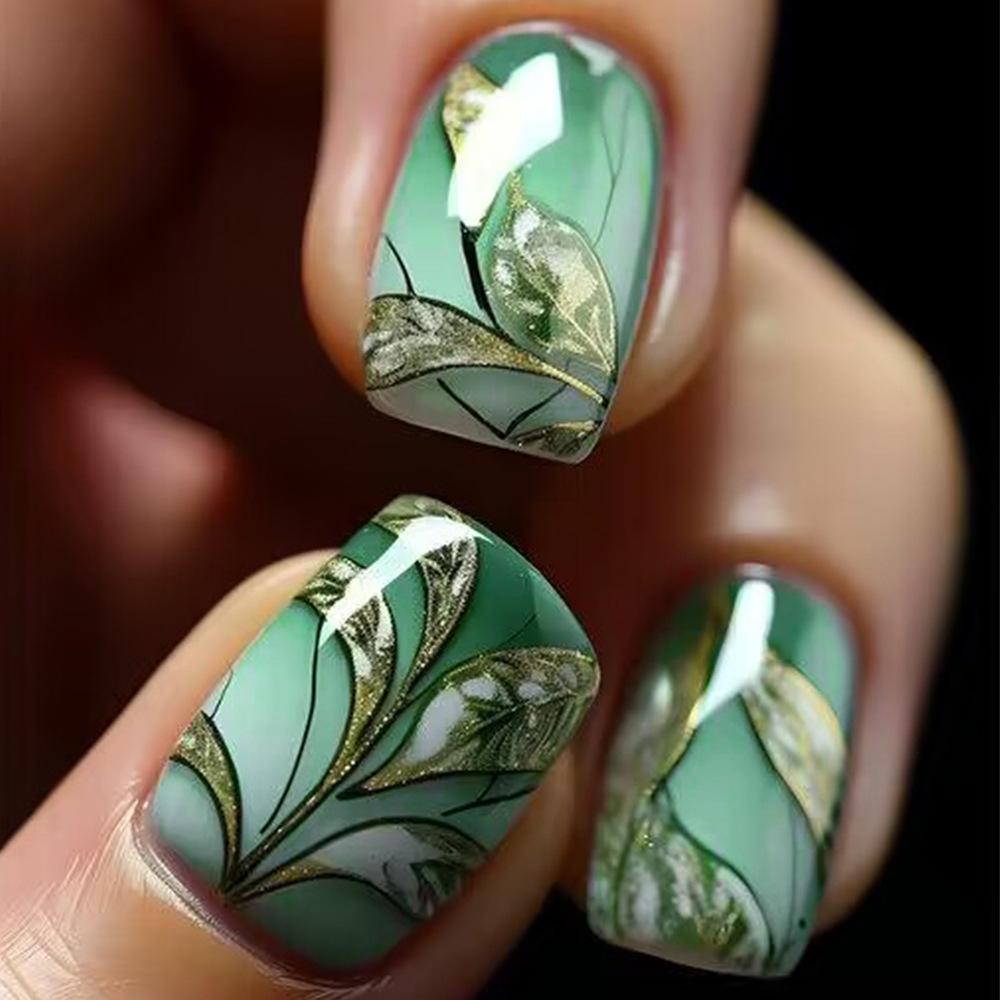 24Pcs Short Square Floral Press On Nails With Glue Shimmery Glitter French Fake Nail Tips Full Cover Manicure