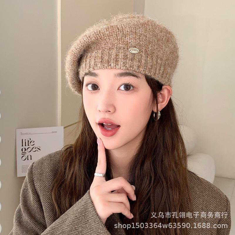 Women S Solid Color Warm Beret Hat For Autumn Winter Slim Face Look Vintage Style