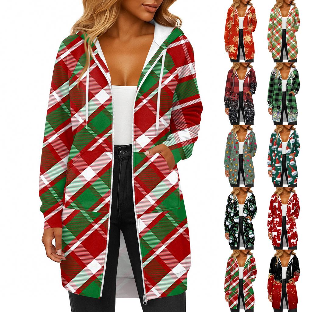 Women's Fashionable Christmas Printed Long Sleeved Drawstring Hooded Zipper Pocket Long Casual Sweatshirt Jacket