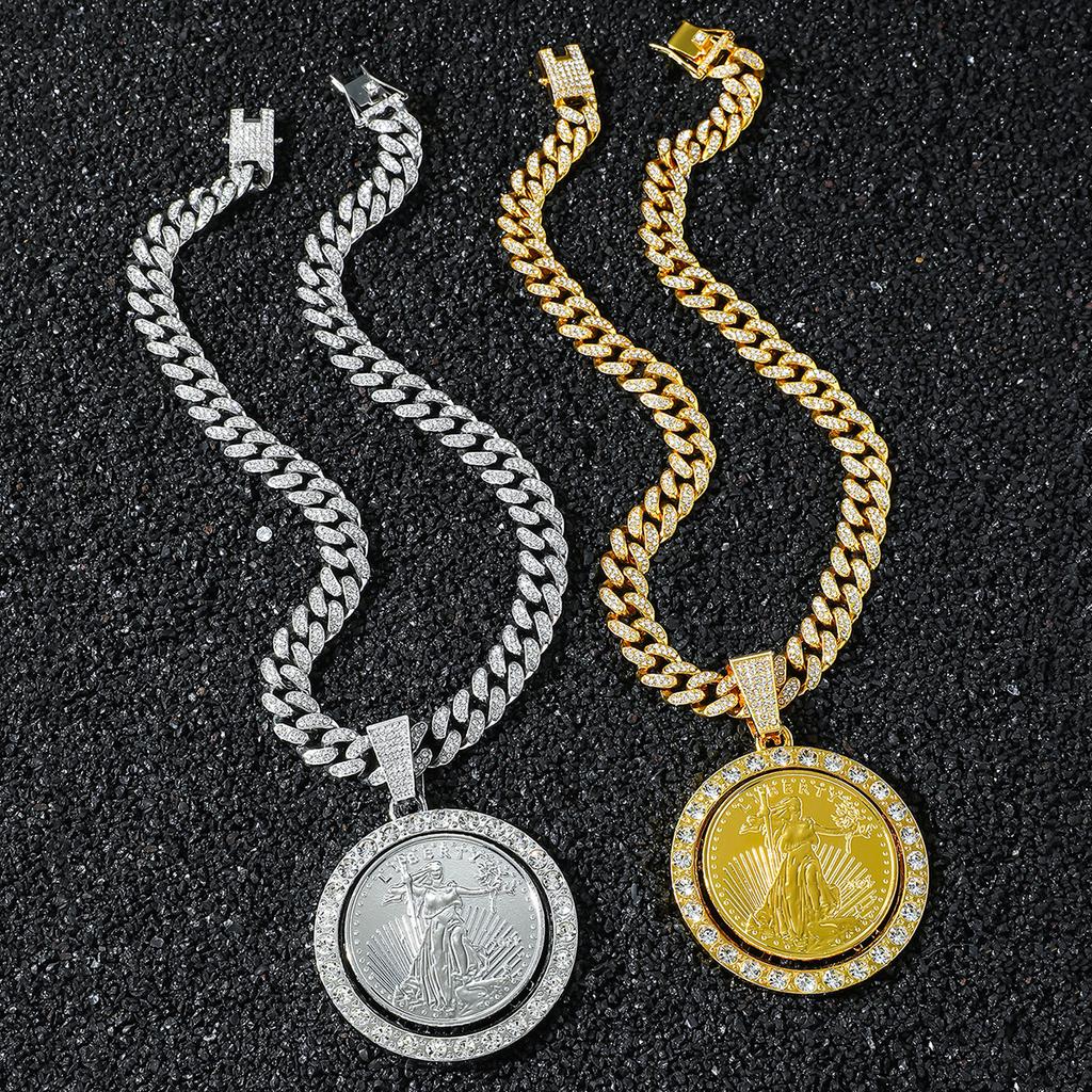 Rotatable Lady Liberty Coin Pendant Medallion 14K Gold Plated Zinc Alloy Full CZ Scepter Goddess Hip Hop Party Jewelry Cuban