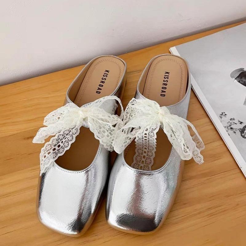 Fashion 2025 Shoes Lace Ballet Flat Muller Lazy Baotou Low Heel Half Slippers Women Outer Wear