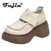 Fujin 7cm Round Spring Autumn Mary Jane Women Ladies Hook Shoes Genuine Leather Fashion Ladies Luxury Ethnic Platform Wedge