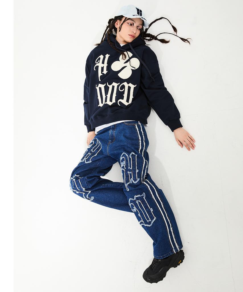 HOODHOOD Hd Applique Wide Denim Pants Medium Blue