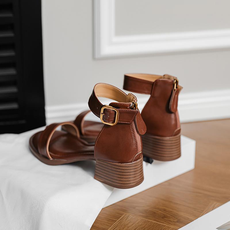 Босоножки на платформе на среднем каблуке женские французские ретро с задней молнией на толстом каблуке с широким открытым носком на среднем каблуке римские туфли женские
