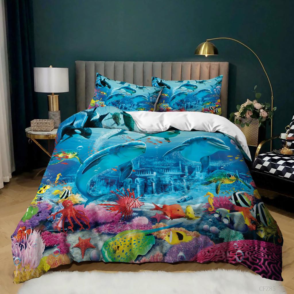 3D Digital Marine Style Quilt Cover Three-piece Set Bedding Pillowcase