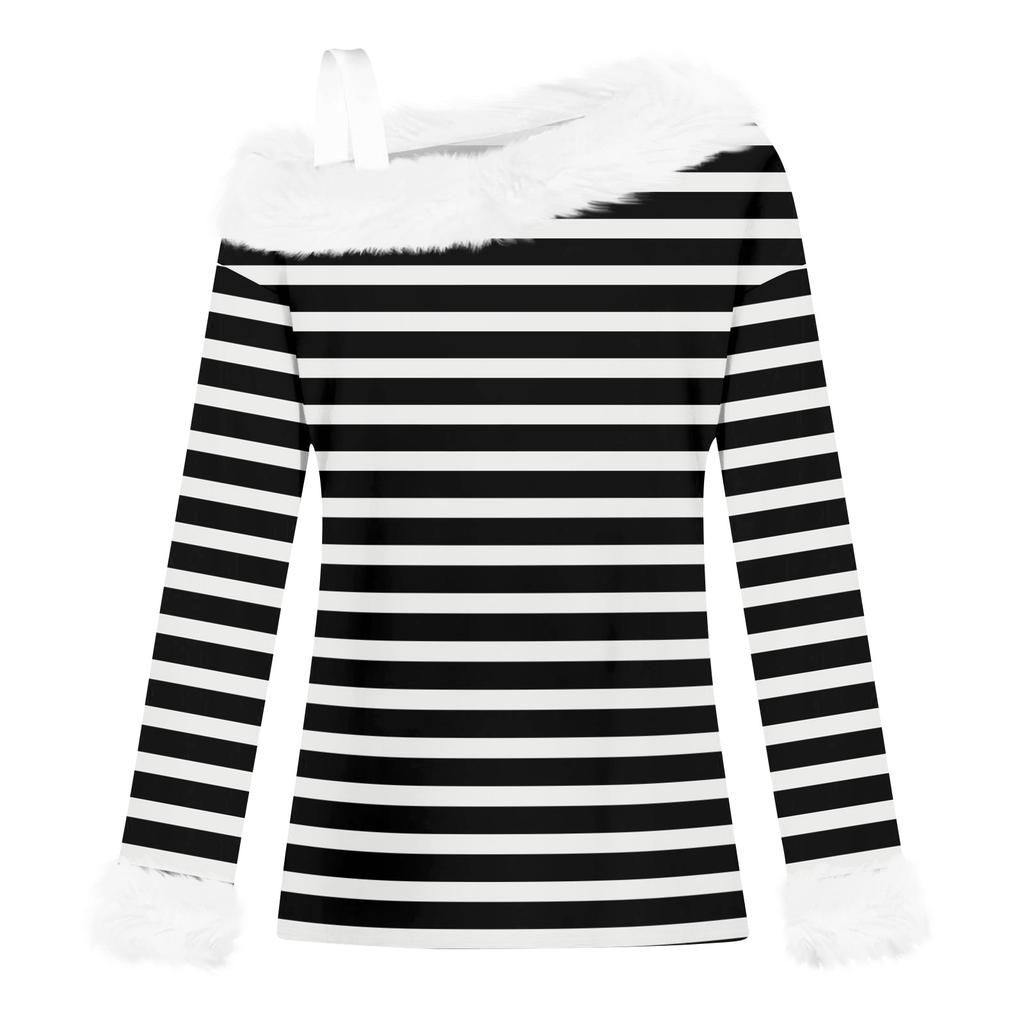 Women's Off-the-shoulder Plush Neck Printed Long-sleeved Pullover T-shirt Top