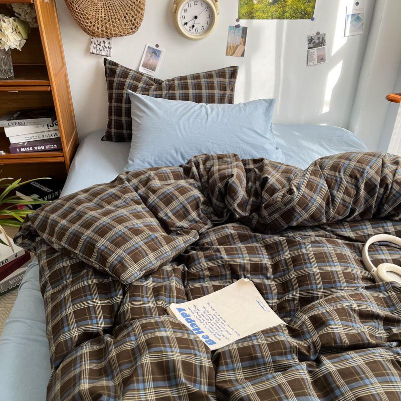 Bedding Set Ins Ambiance Blue Coffee Grid Mixed With Washed Cotton Minimalist Four Piece Set Fitted Sheets Duvet Cover