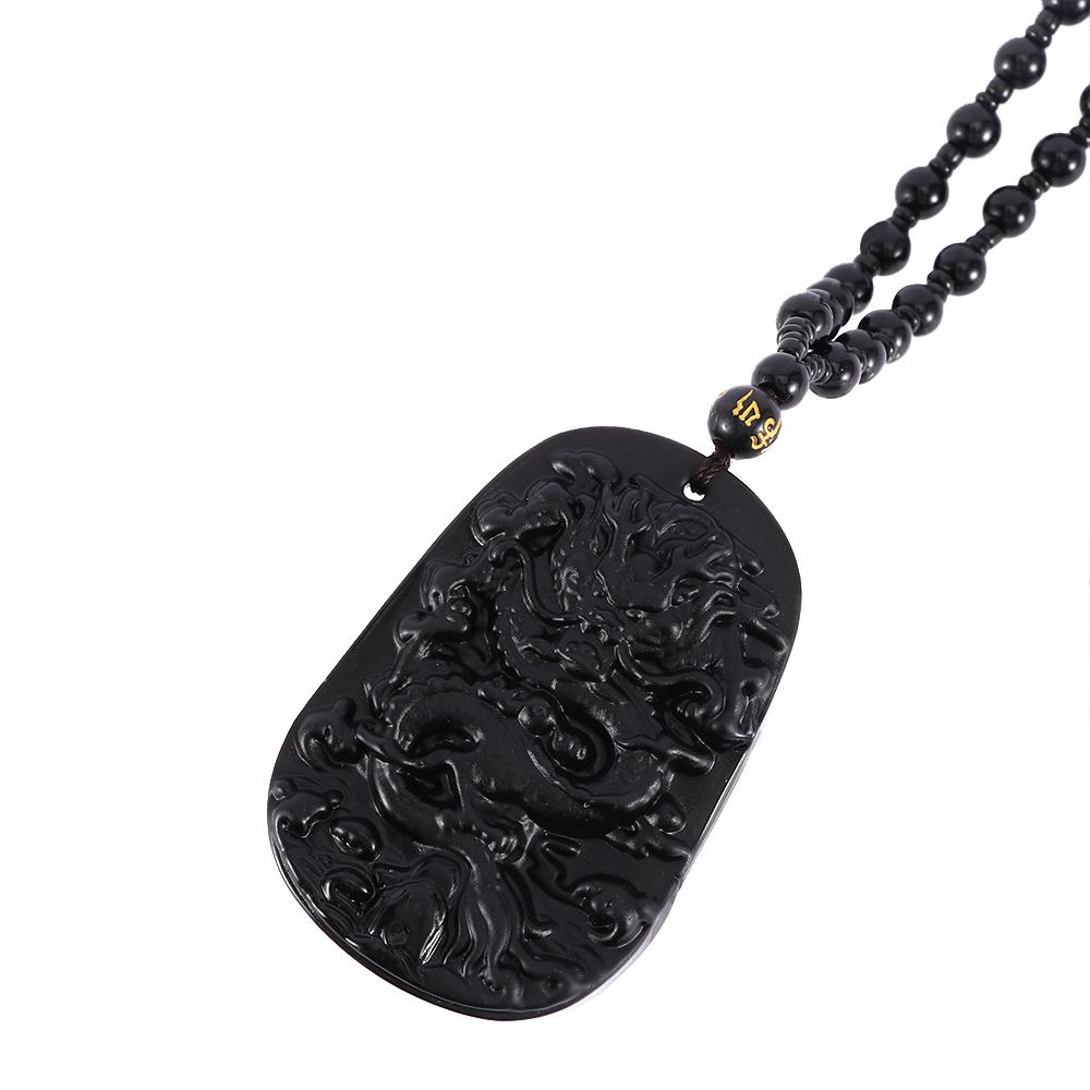 for Men Auspicious Beaded Chain Stone Rope Dragon Totem Pendent Necklace Carved Natural Obsidian