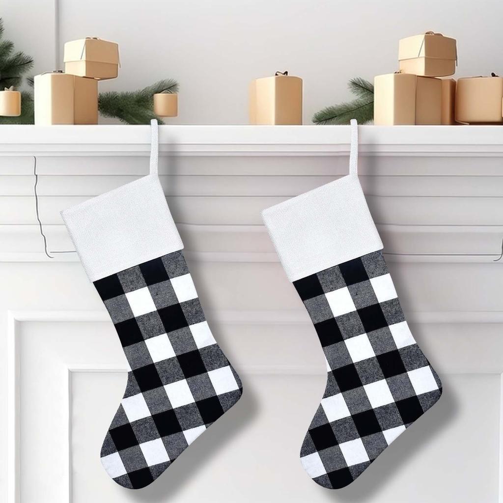 Рождественские чулки в клетку с плюшевыми манжетами, декор для чулок, подарочный пакет