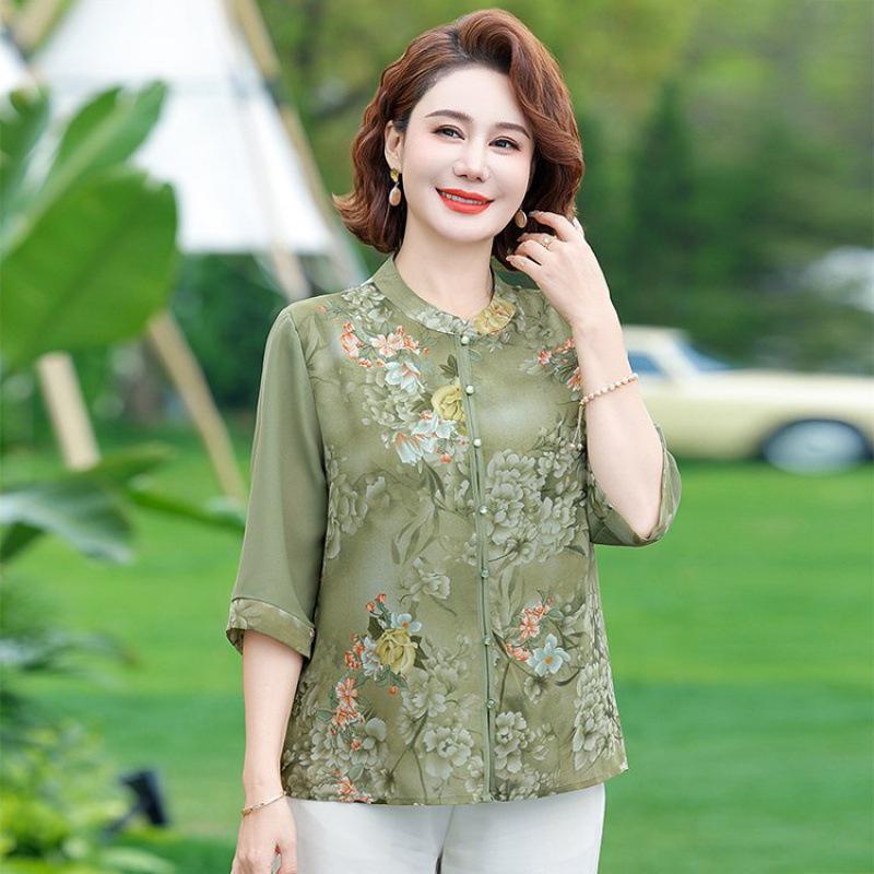 Футболка из шифона с коротким рукавом в национальном стиле для женщин среднего возраста, лето 2024 г.