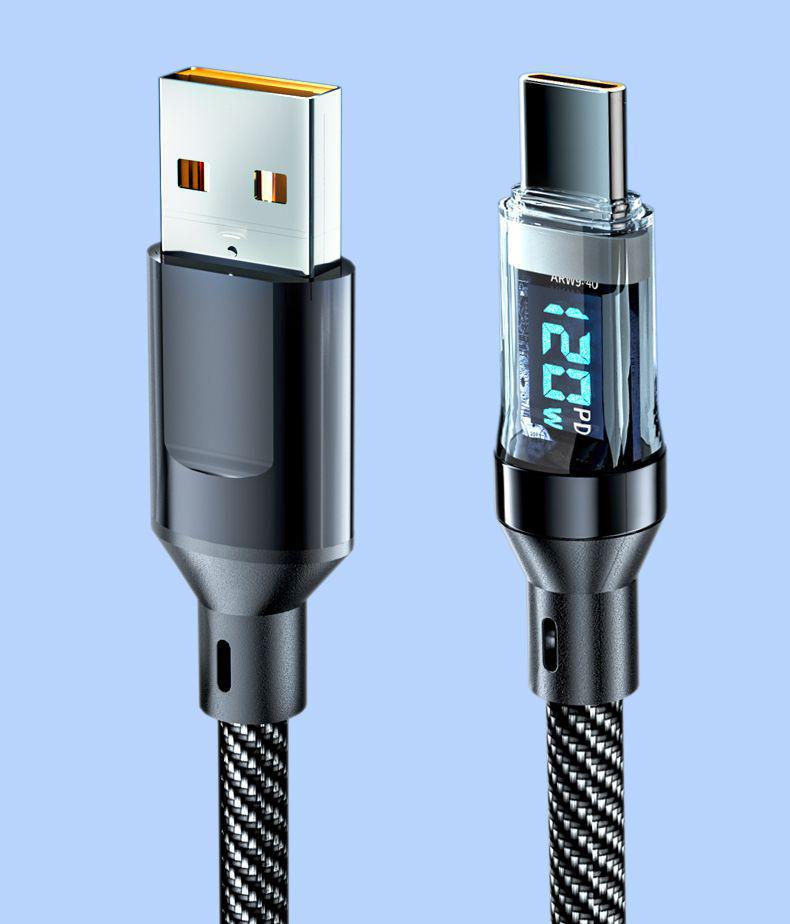 Двойной кабель быстрой зарядки Type-C мощностью 120 Вт с цифровым дисплеем для Apple 15/16 и Huawei Honor 6A Flash Charging