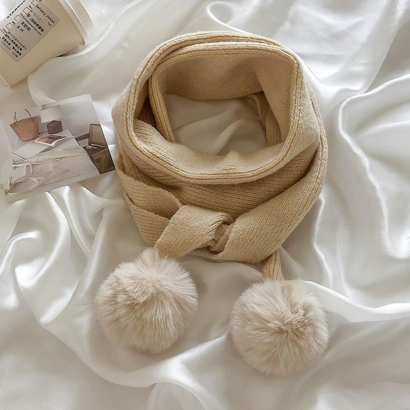Soft Knit Winter Scarf With Pom Poms Women Warm Solid Color Neck Wrap In Ivory White Coffee Mocha Black Gray