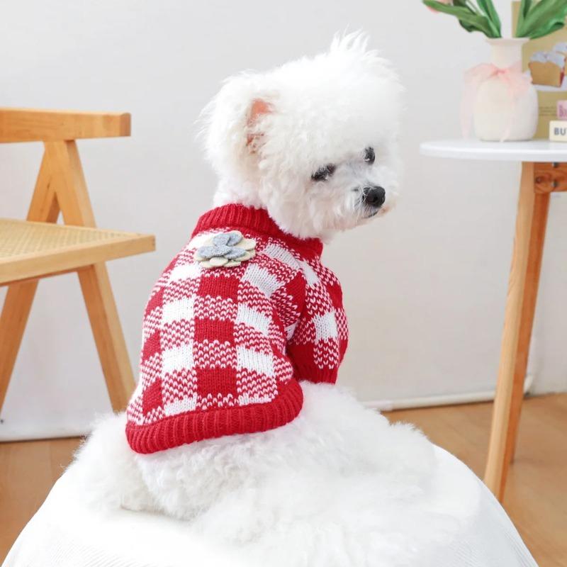 1PC Red and White Plaid with Flower Sweater Pet Clothes Dog Cat Autumn Thickened Warm Jumper