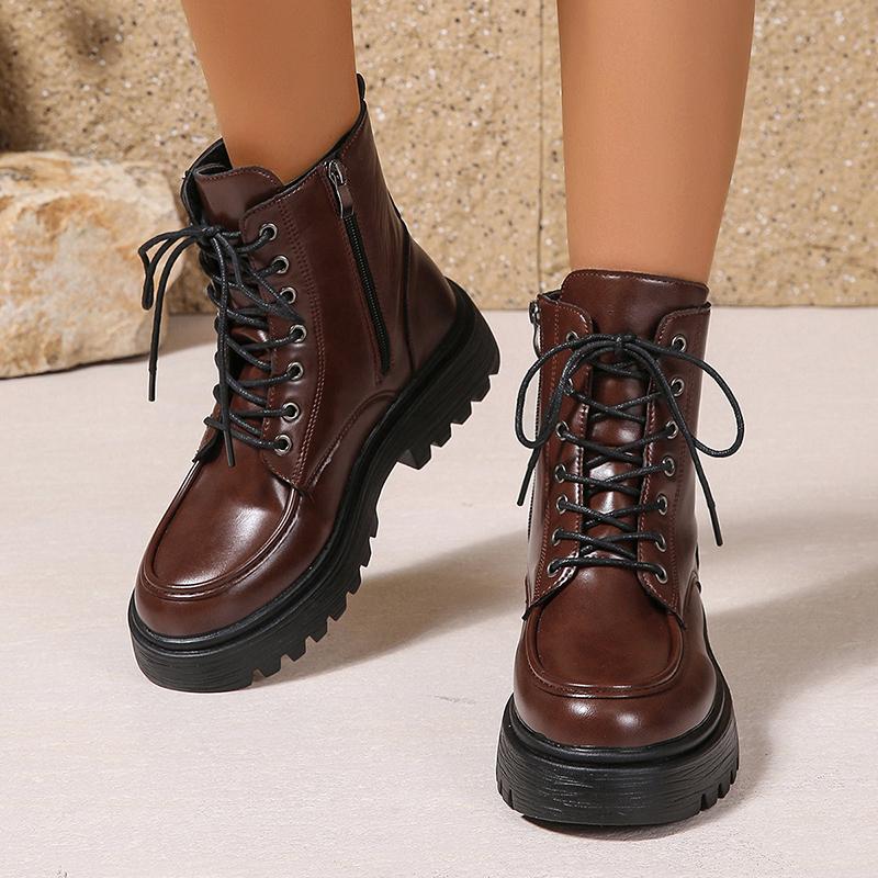 Fashion Autumn Winter Women's Platform Ankle Boots Pu Leather Lace Up Motorcycle Shoes Women Fashion Thick Sole Zipper Short Boots Woman