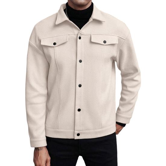 Мужская куртка шерстяная с лацканами, длинным рукавом, однотонное пальто с накладными карманами, однотонное осенне-зимнее деловое пальто