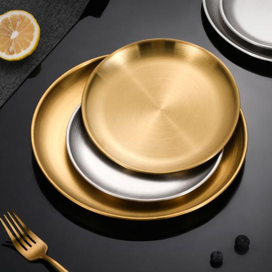 Stainless Steel Dinner Plates Round Salad Serving Plate Easy To Clean Pizza Fruit Bowl for Home Kitchen Outdoor Camping BBQ
