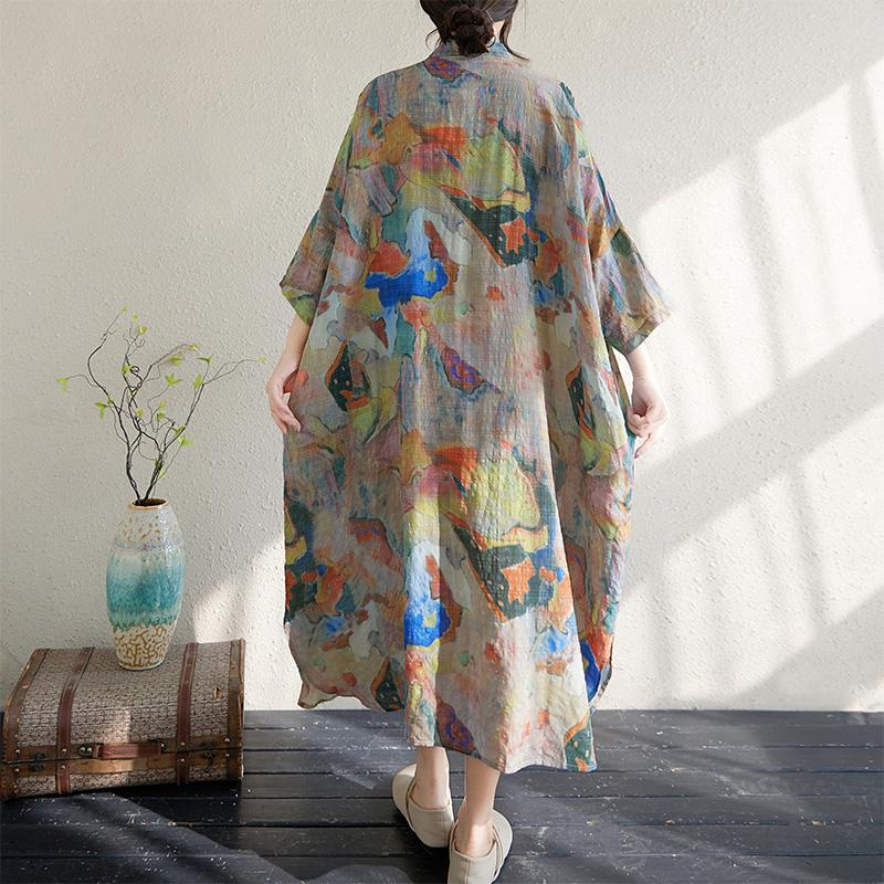 Dimanaf 2025 Summer Women Plus Size Dress Vintage Printing Buttons Casual Loose Long Dress New Oversized