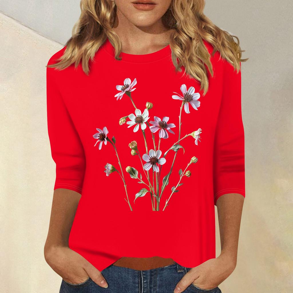 Women's Fashion Casual Printed Seven Sleeve Round Neck Top