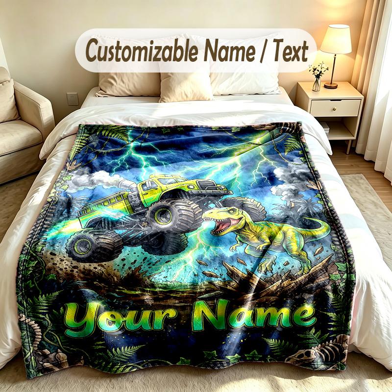 Monster Truck Theme Custom Blanket Personalized Name & Text Customized Soft Warm Throw Blanket Home Decor