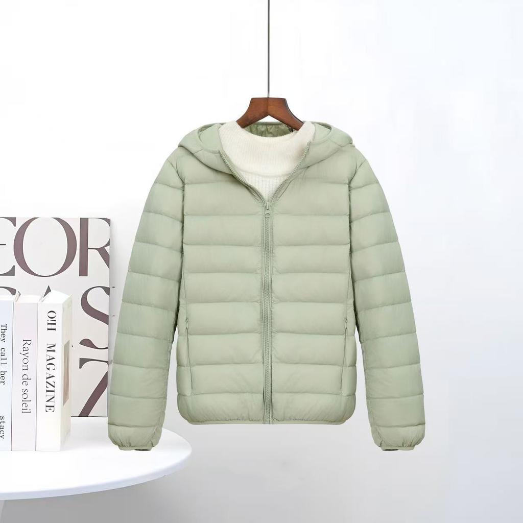 Down jacket women's European goods, light and fashionable hooded short, large size plus fat white duck down stand-up collar warm jacket