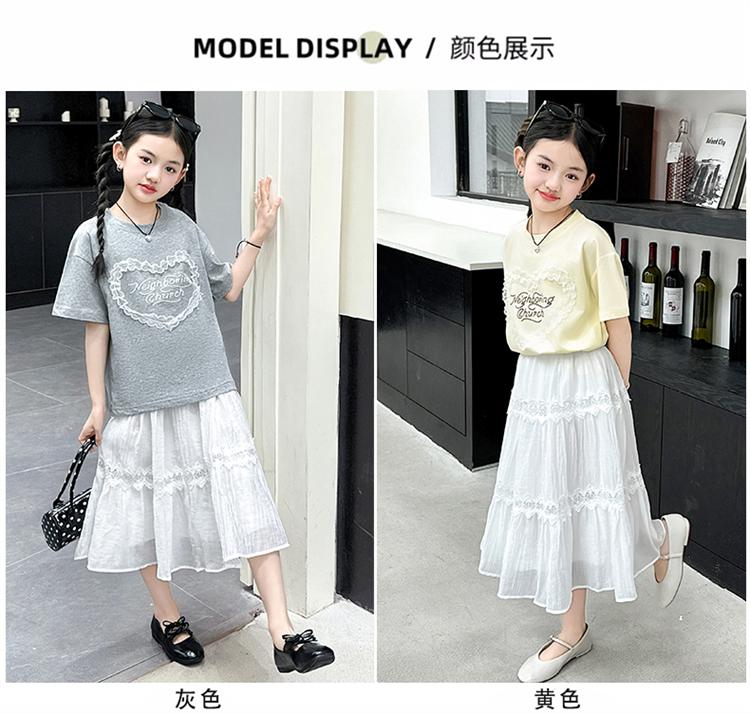 Short sleeved thin girls' summer short sleeved T-shirt cake skirt two-piece set 2026 new stylish children's lace skirt