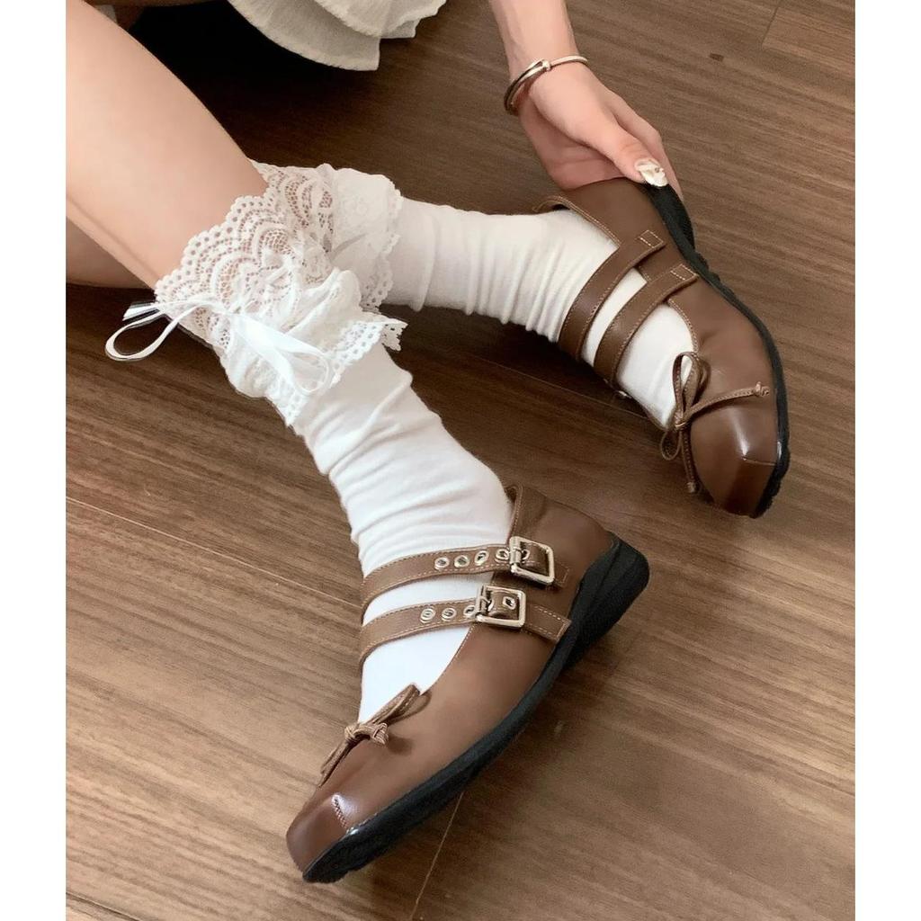Lolita Lace Frill Mid-Calf Socks with Bow Ribbon - White Ballet Style JK Knee-Highs for Spring & Autumn