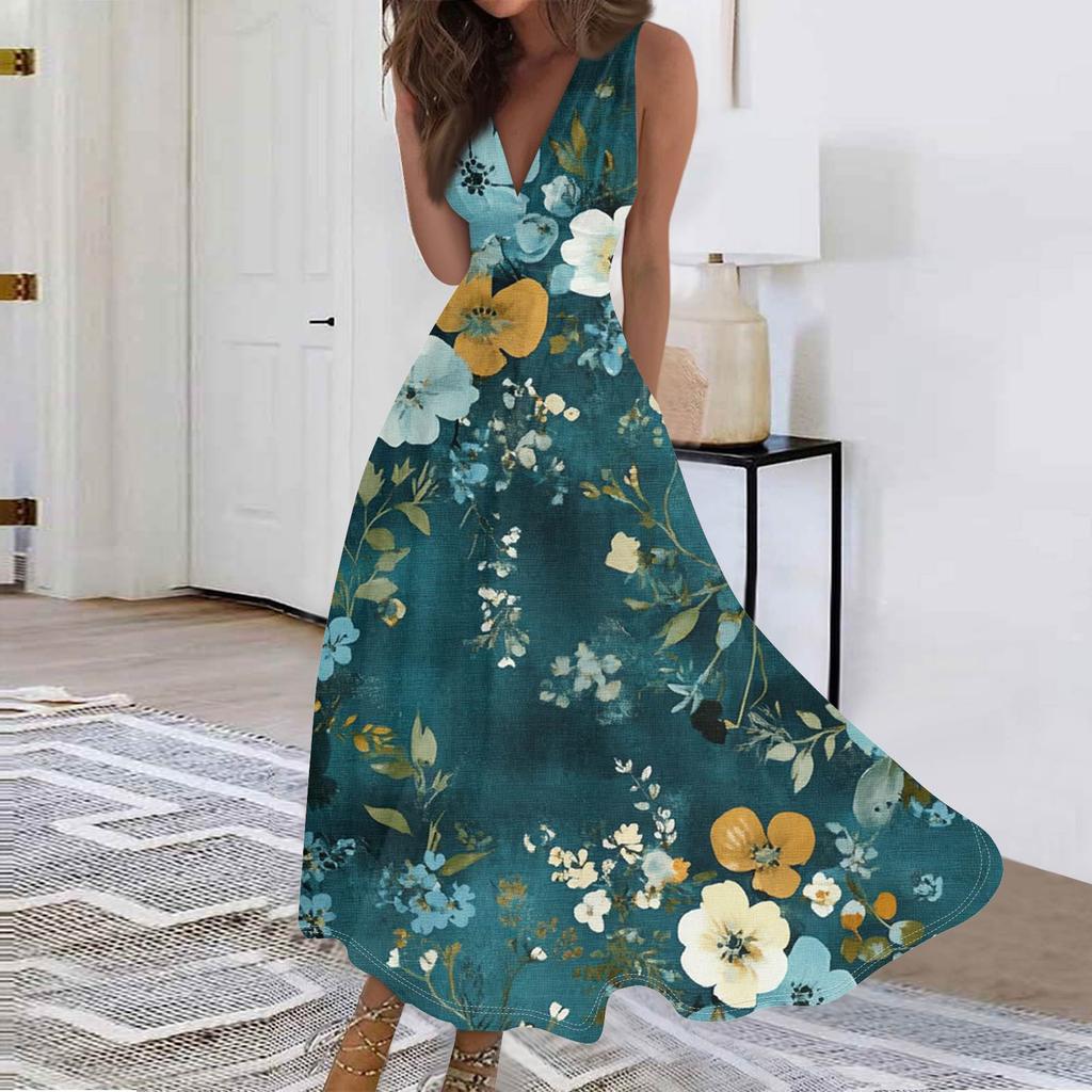 Женские модные повседневные свободные платья с V-образным вырезом без рукавов с принтом