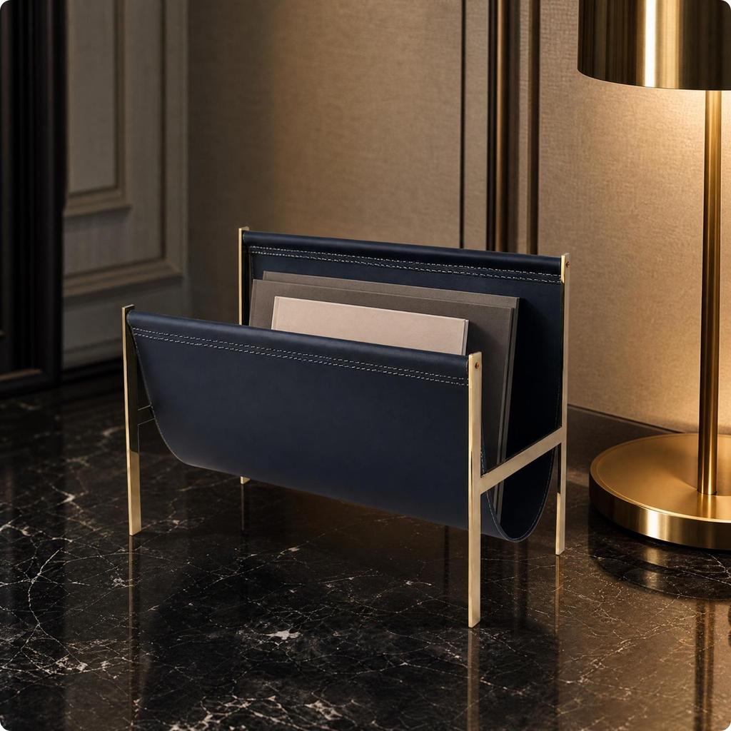 Metal Frame Magazine Rack with Leather Pouch Pocket Freestanding Floor Compact